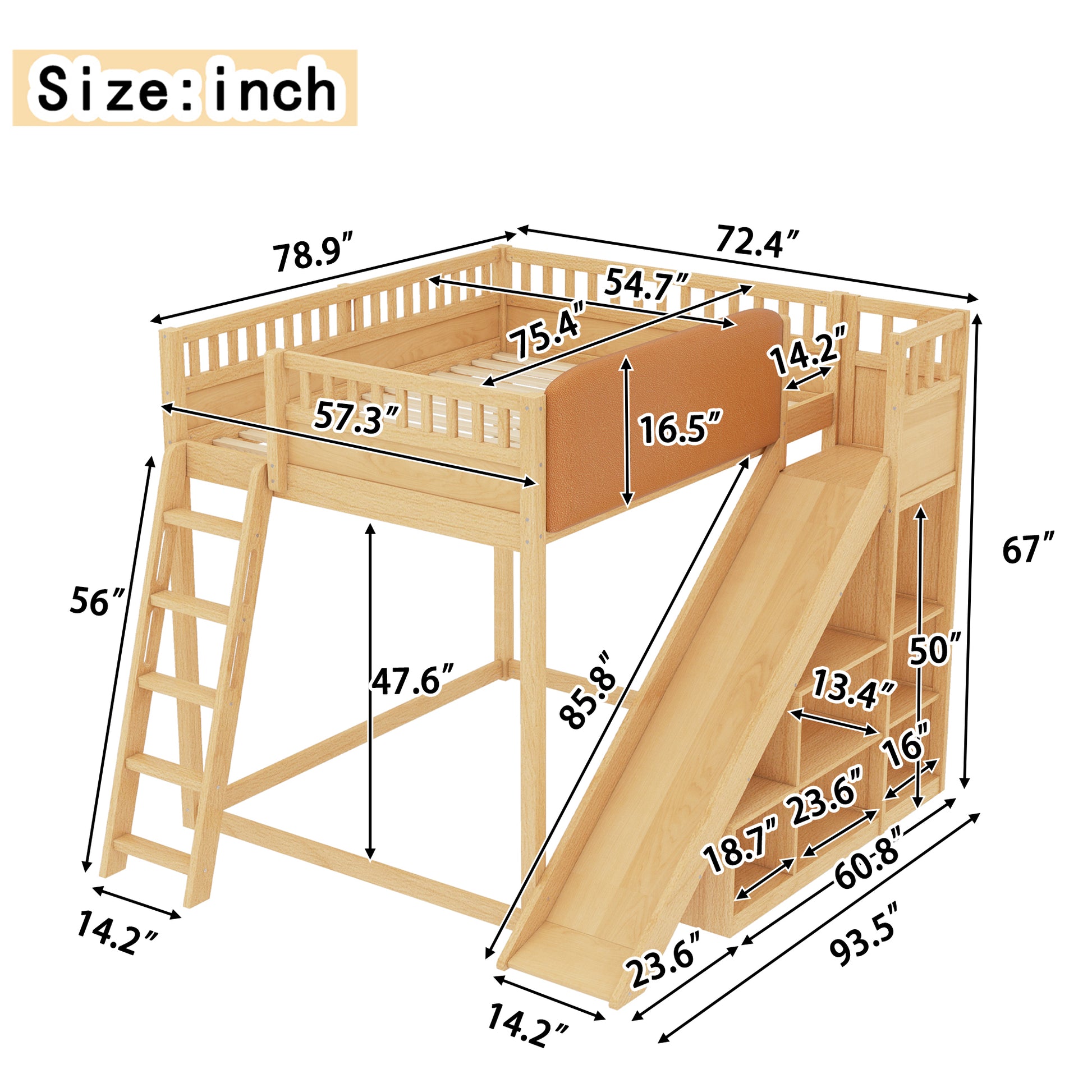Full Size Loft Bed with upholstered headboard and storage shelves, complete with ladder and slide, Natural image 4