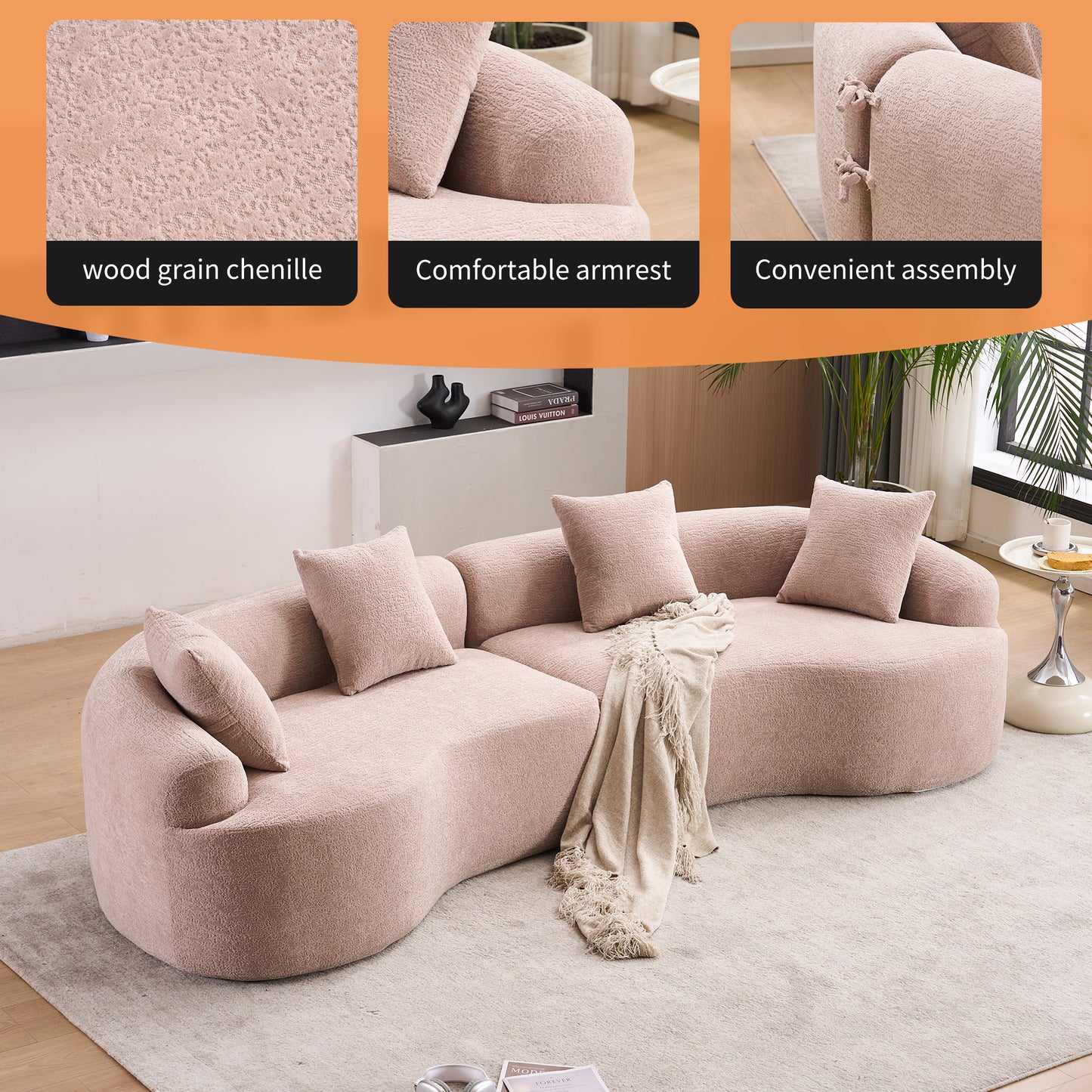 LY-025 Modular Sleeper Sectional Sofa, 4-Seater with Wood Grain Chenille Fabric, Warm Beige Convertible Sofa Bed, 30D High-Density Sponge Couch for Apartment & Living Room image 5