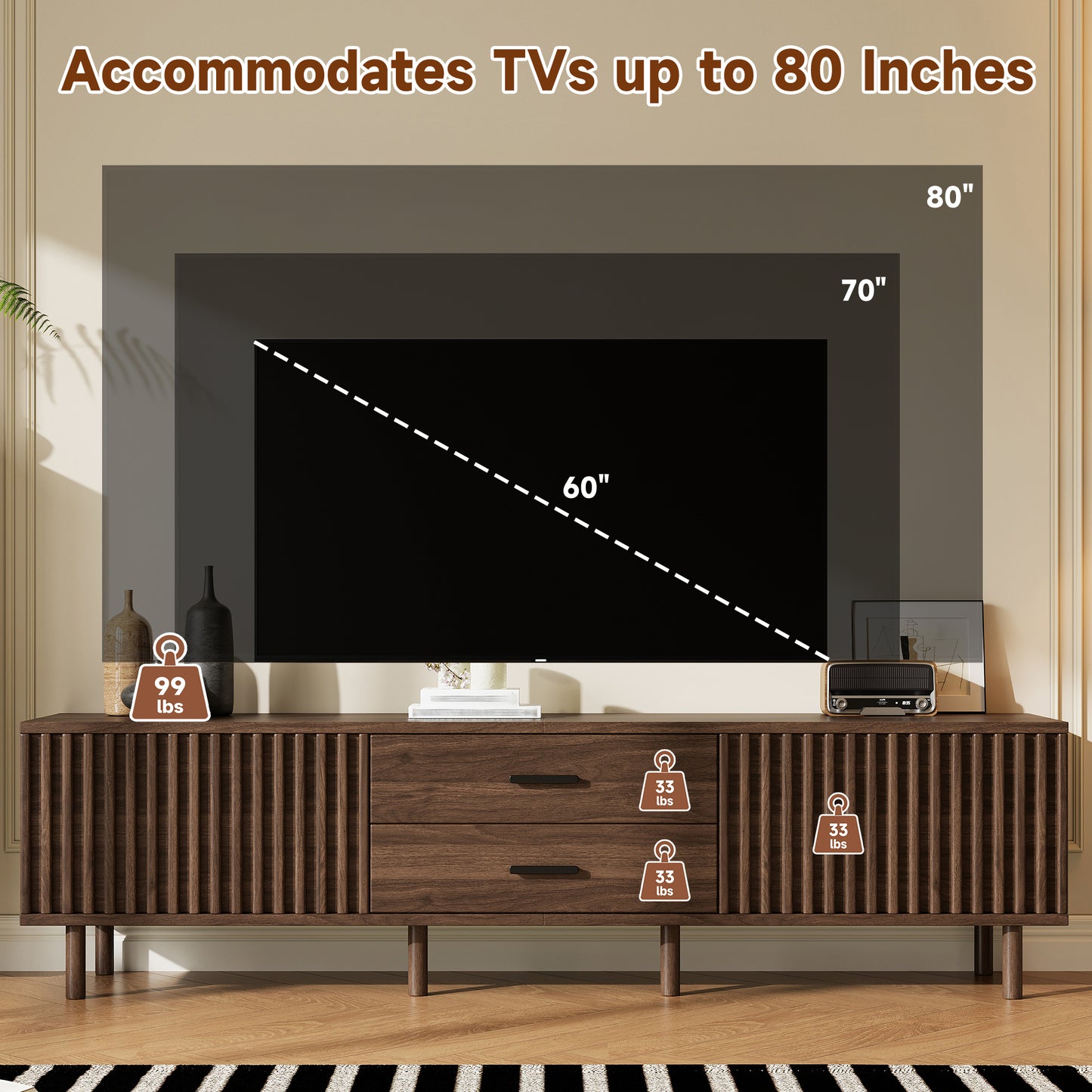 70inch Modern TV Stand for TVs up to 80 inches for Living Room, Media Entertainment Center with Ample Storage & Solid-Wood Legs image 6