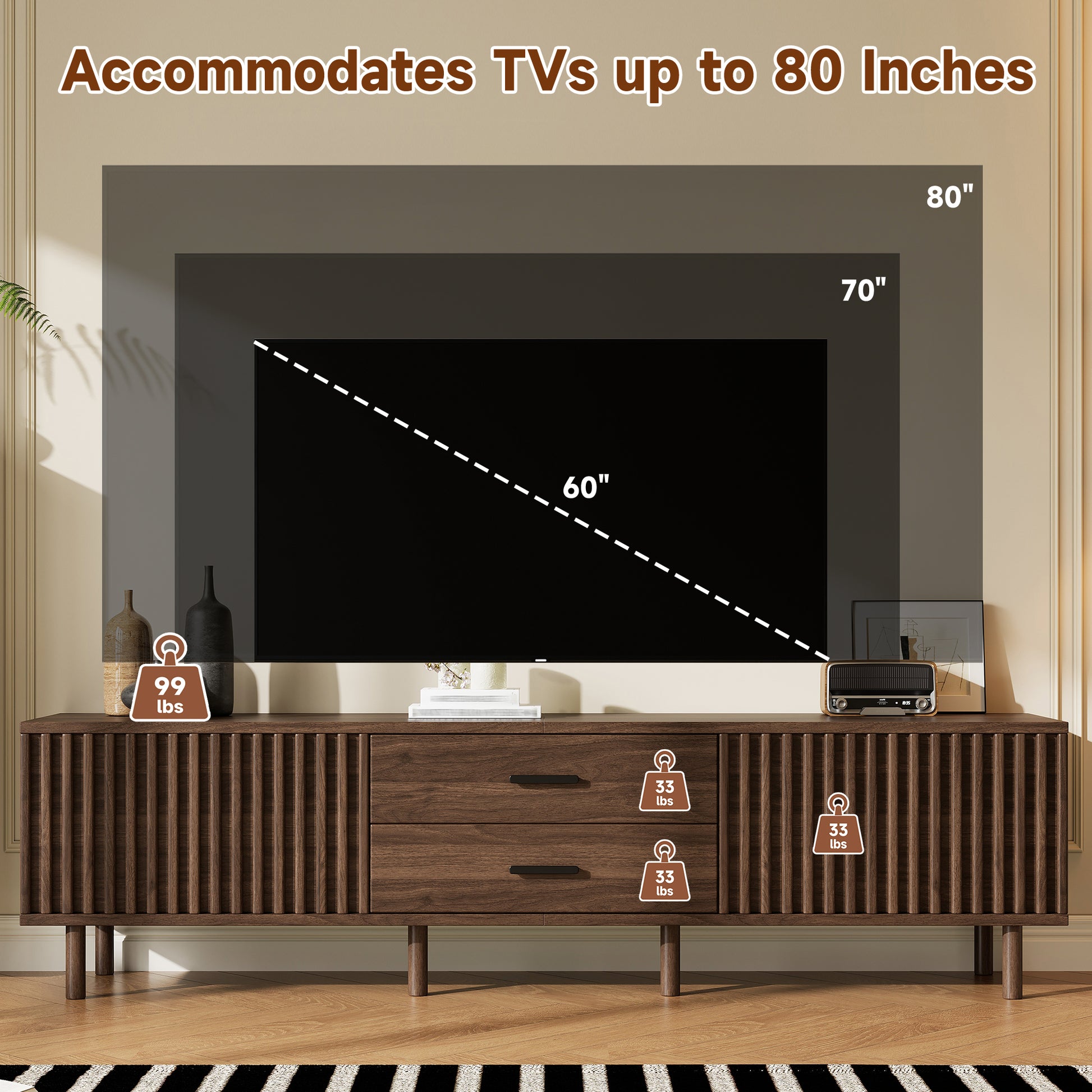 70inch Modern TV Stand for TVs up to 80 inches for Living Room, Media Entertainment Center with Ample Storage & Solid-Wood Legs image 6