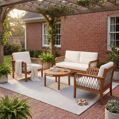 4-Piece Acacia Wood Outdoor Patio Furniture Set, All-Weather Conversation Sofa Set with Rope Woven Armrests, Removable Cushions for Backyard Garden,Teak finish+Oatmeal rope+Cream Beige cushion image 1