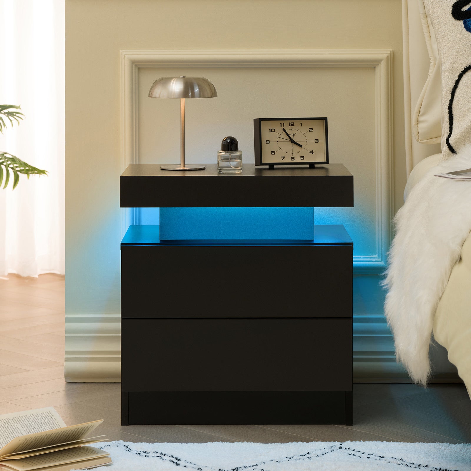 Nightstand LED Bedside Table Cabinet Lights Modern End Side with 2 Drawers for Bedroom (Black) image 1