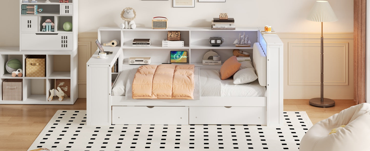 Wood Twin Size Platform Bed with Storage Shelves, Drawers, Charging Station, LED, Desk and Upholstered Headboard, White+Beige Cushion image 9
