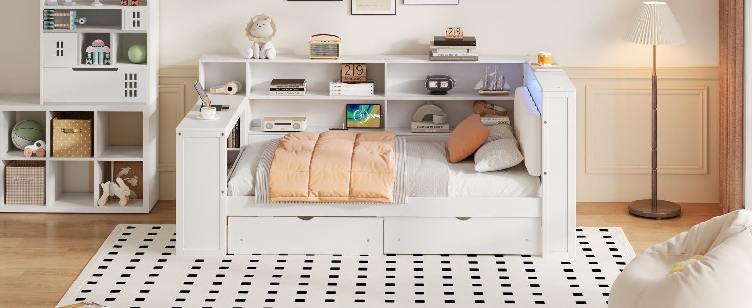 Wood Twin Size Platform Bed with Storage Shelves, Drawers, Charging Station, LED, Desk and Upholstered Headboard, White+Beige Cushion image 9