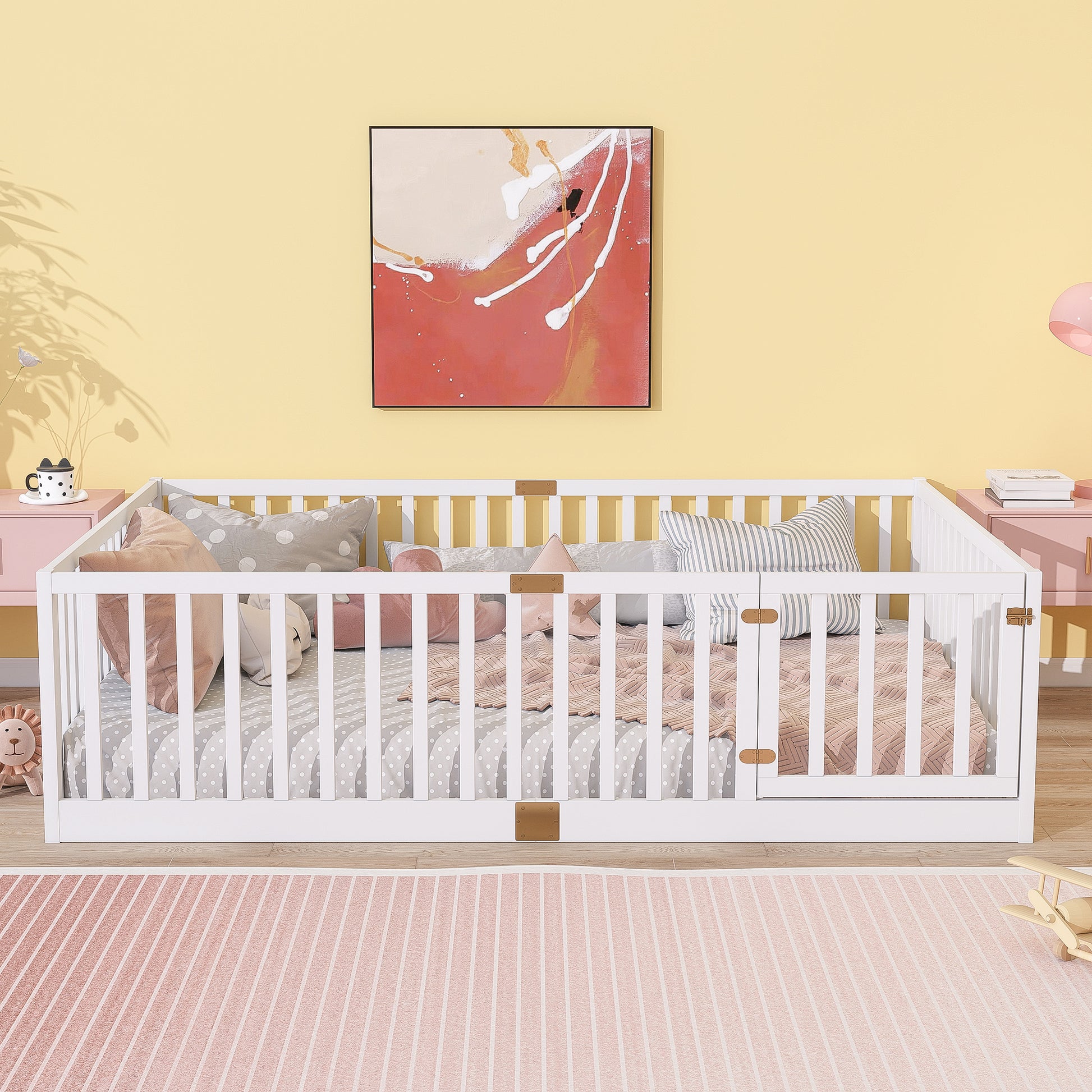 Full Size Floor Bed with High Fence Railings, with Door,6 Slats Included, Rubber Wood Floor Bed with Safety Guardrails,White image 3