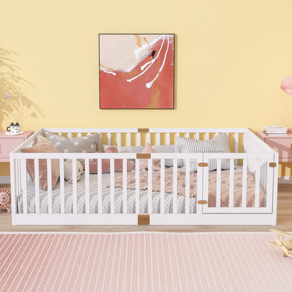 Full Size Floor Bed with High Fence Railings, with Door,6 Slats Included, Rubber Wood Floor Bed with Safety Guardrails,White image 3