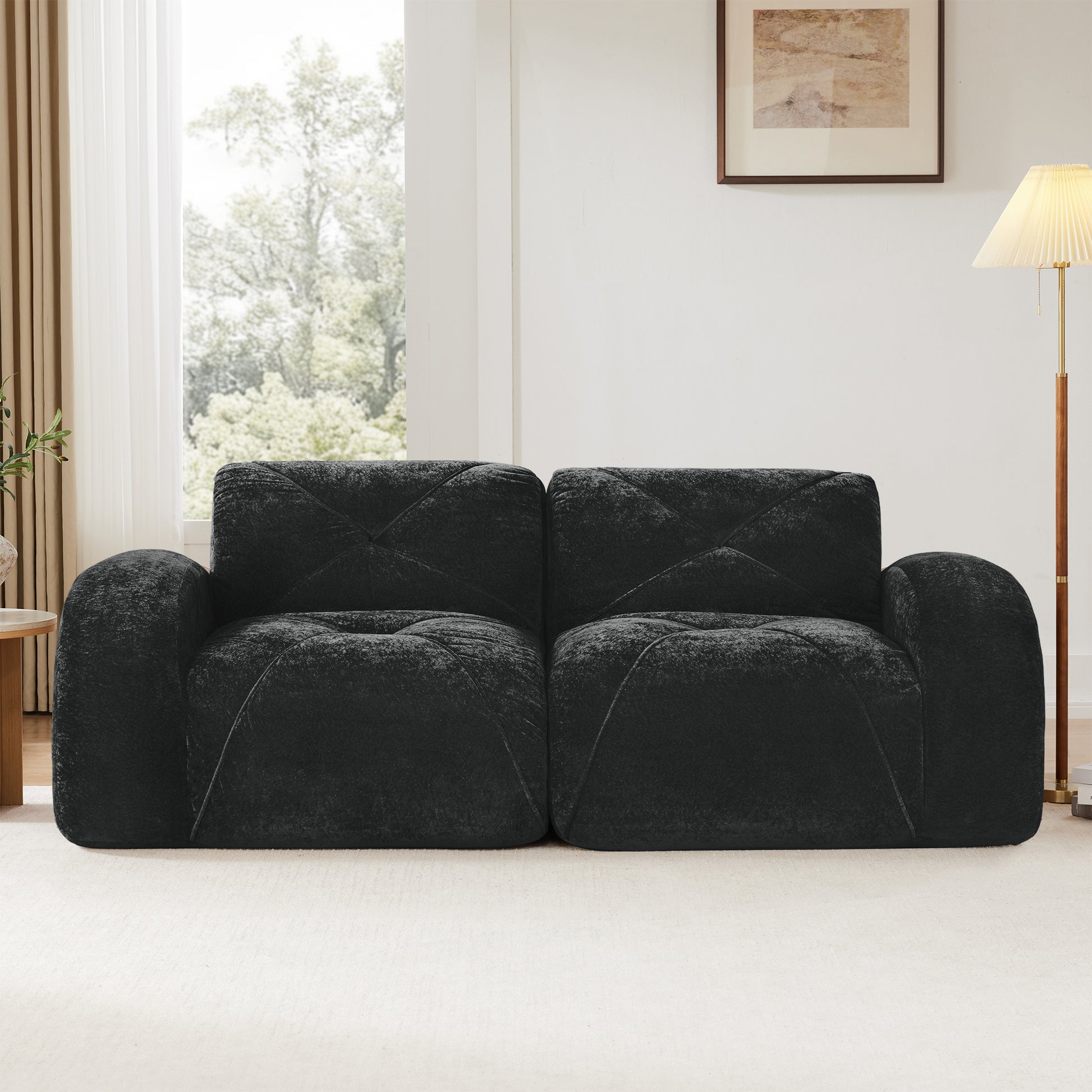 2-seater Tufted Sofa Couches With boneless Sofa,Soft Velvet Fabric,Bottom Anti-Slip Design,32D High Density Sponge,Ergonomic Design Bottom,No Assembly Required,Fits Living Rooms,Black image 3