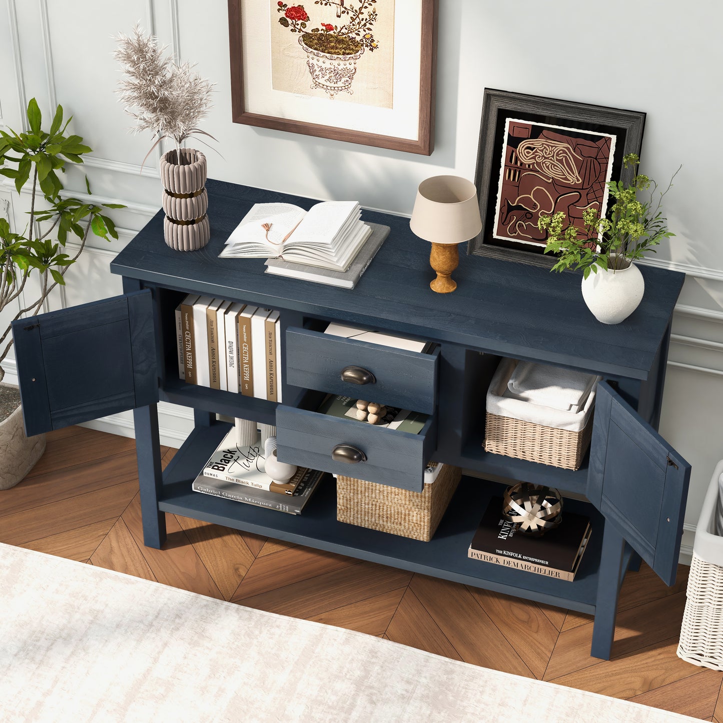 46'' Solid Wood Sideboard Console Table with 2 Drawers and Cabinets and Bottom Shelf, Retro Style Storage Dining Buffet Server Cabinet for Living Room Kitchen Dining Room(Navy Blue) image 5