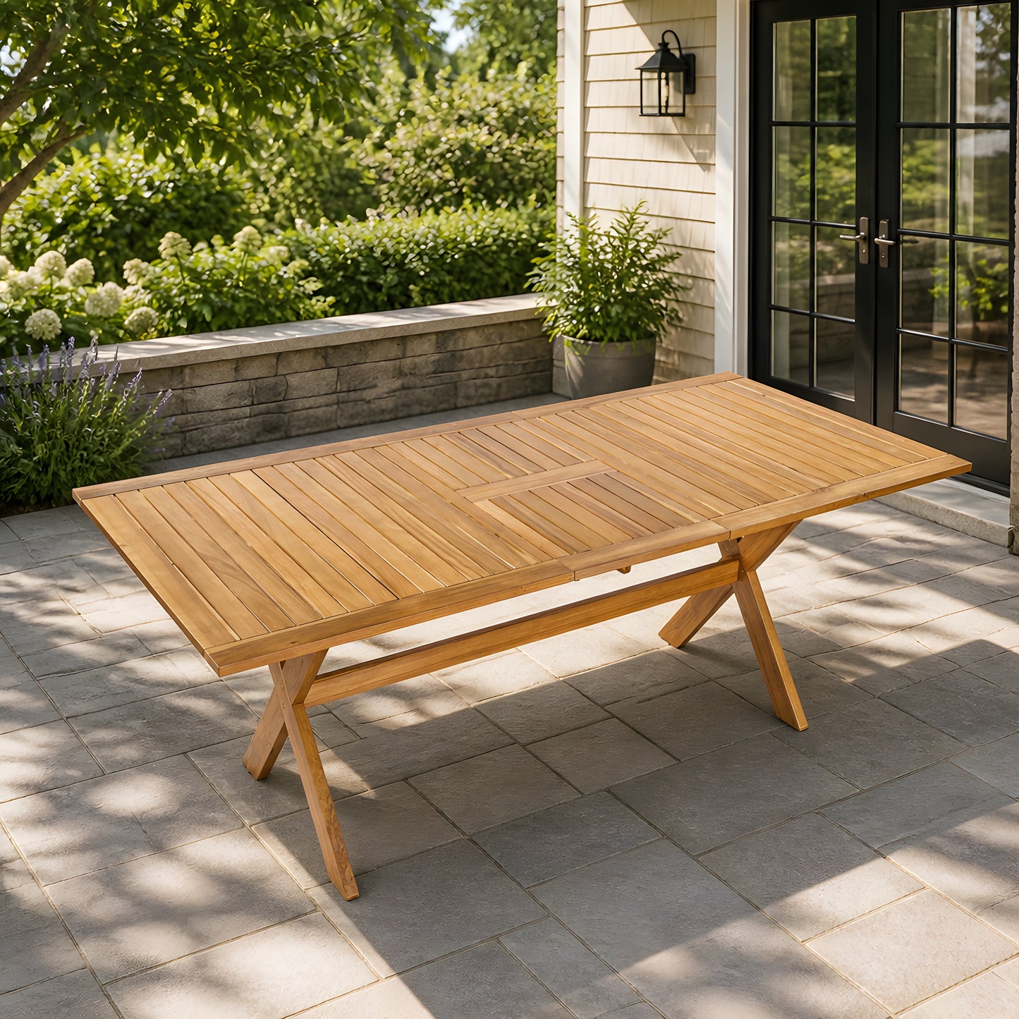 60"-76" Acacia Wood Outdoor Dining Table, Telescopic Table Ideal for Patio & Garden Gatherings, Teak Finish image 2