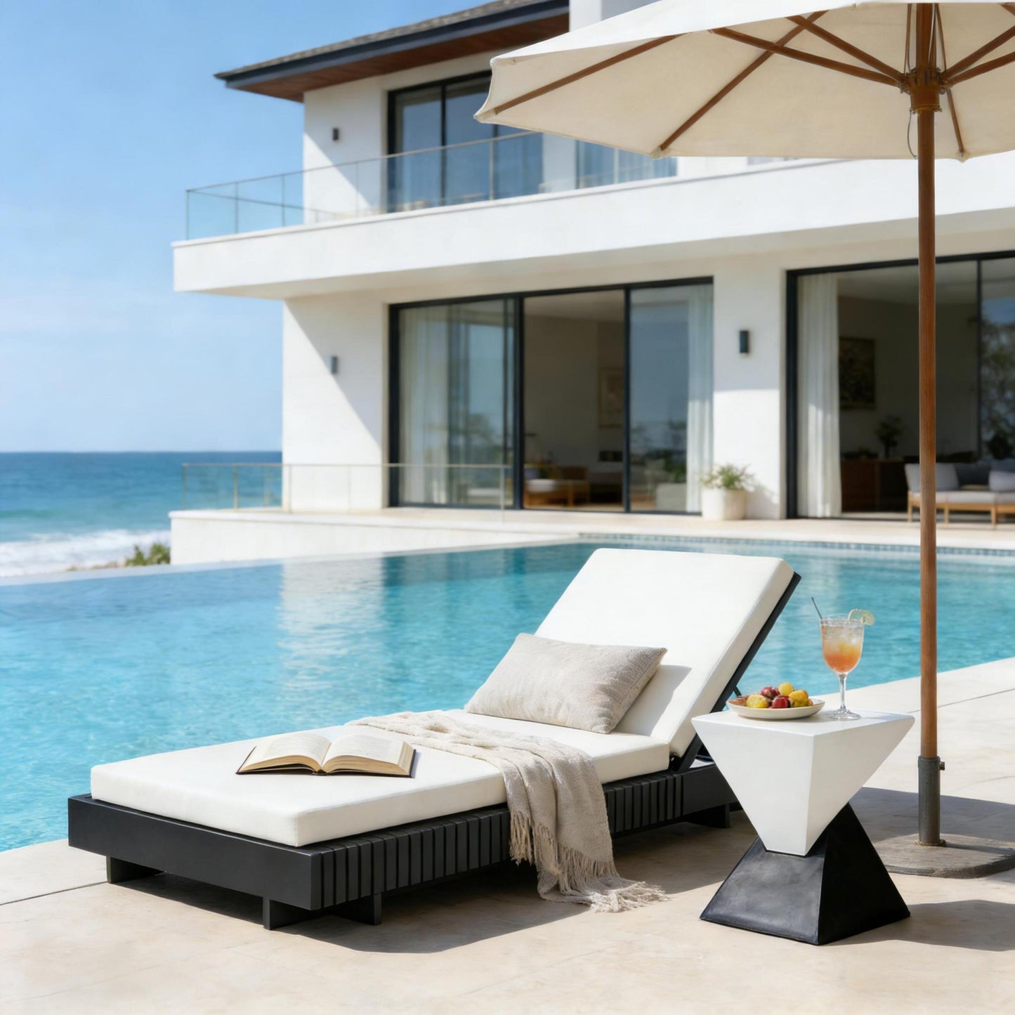 Dark Gray Acacia Solid Wood Outdoor Chaise Lounge with Cream Water-Repellent Cushion, 400lbs Capacity, Modern Patio Sun Lounger for Garden, Poolside image 1