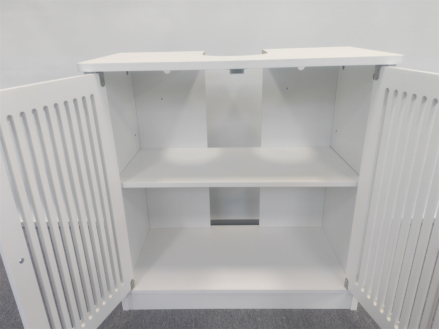 Washbasin cabinet without basin, louvered double-door floor-standing bathroom vanity and storage unit, white bathroom floor-standing storage cabinet. image 4