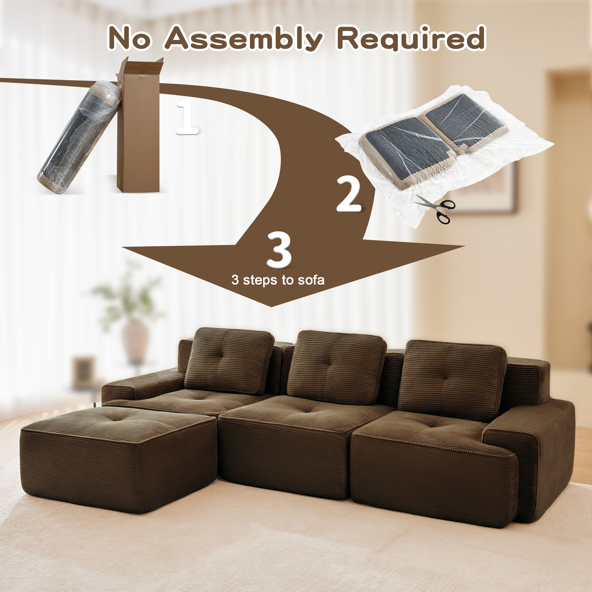 117" Modern L-Shaped Modular Sectional Sofa for Living Room, Corduroy Fabric,3-Seater Couch with Deep Seat and Movable Ottoman,Pearl-like piping, Tufted Design,No Assembly, Anti-slip Design​, Brown image 5