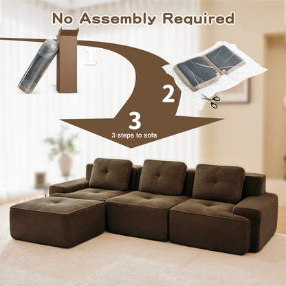 117" Modern L-Shaped Modular Sectional Sofa for Living Room, Corduroy Fabric,3-Seater Couch with Deep Seat and Movable Ottoman,Pearl-like piping, Tufted Design,No Assembly, Anti-slip Design​, Brown image 5