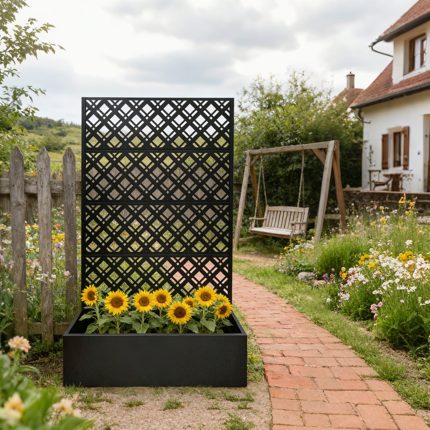 Metal Planter Raised Garden Bed with Trellis 70.9in H x 43.3in W x 15.8in D - Garden Box for Climbing Plants Flowers Vegetable with Drainage Holes, Rhombus Black image 3