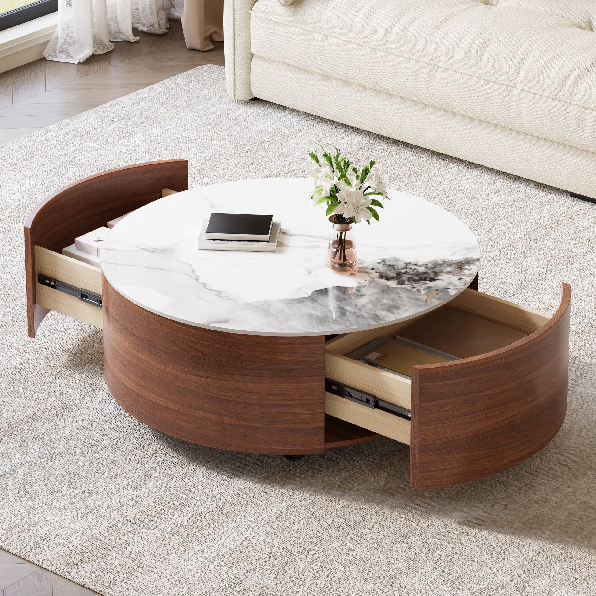 Modern Round Movable Coffee Table with Casters, 2 Drawers, Marble Pattern Sintered Stone Top, Walnut, 29.5" image 1