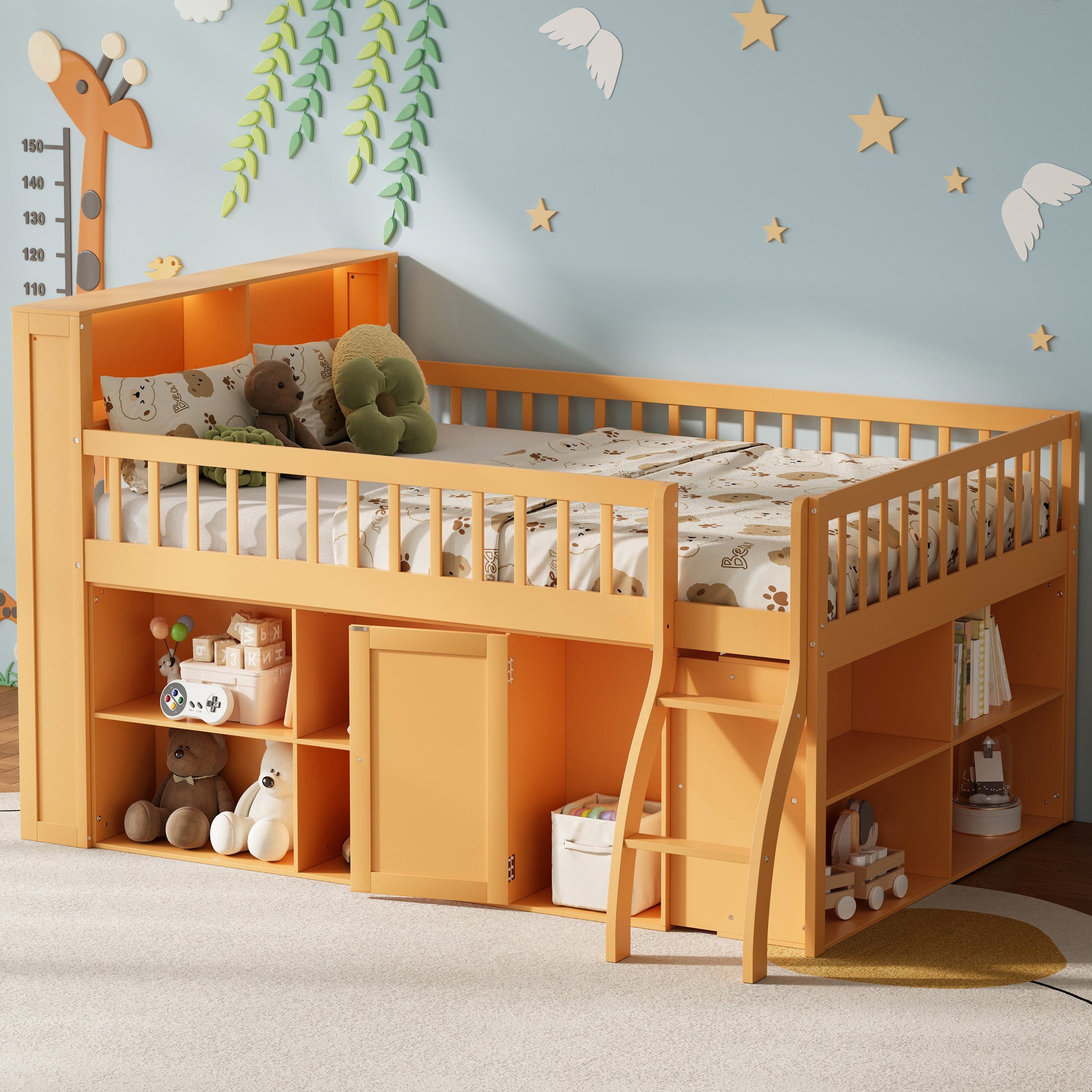 Full Size Loft Bed with Storage, Headboard with LED Light, Natural image 1