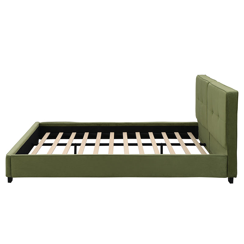 King Size Velvet Bed Frames, Upholstered Platform Bed with Curved Tufted Headboard, Soft Square Corners, Olive Green image 10