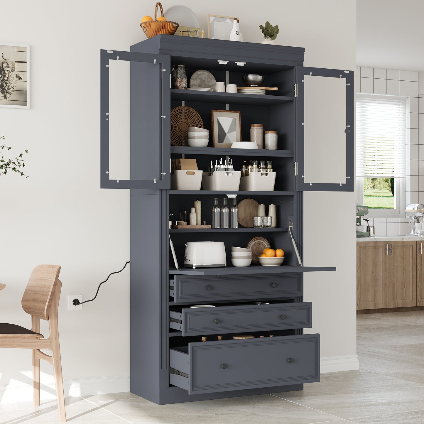 [Assembly Video Provided] TOPMAX 36x16.5x78inch Freestanding Kitchen Pantry Storage Cabinet,Multifunctional Cupboard with 3 Drawers,Adjustable Shelves and Power Outlet for Dining and Living Room,Grey image 1