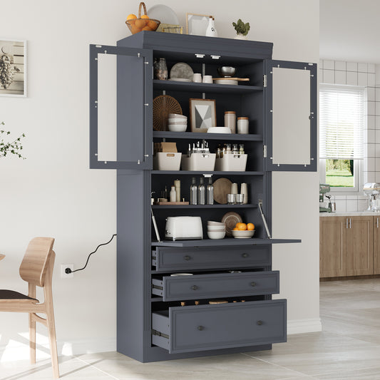 TOPMAX 78-inch freestanding kitchen pantry cabinet in grey - front view