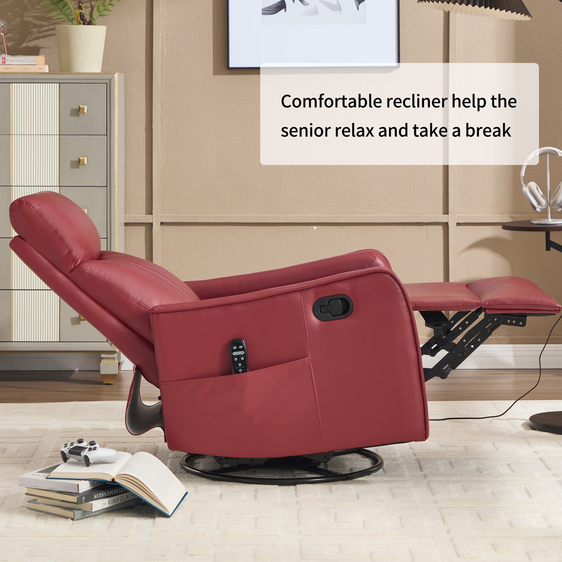 Red Faux Leather Heat Massage Manual Recliner Chair with Rocker and Swivel for Living Room image 11