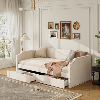 Twin Size Velvet Upholstered Daybed with 2 Drawers, Beige image 1