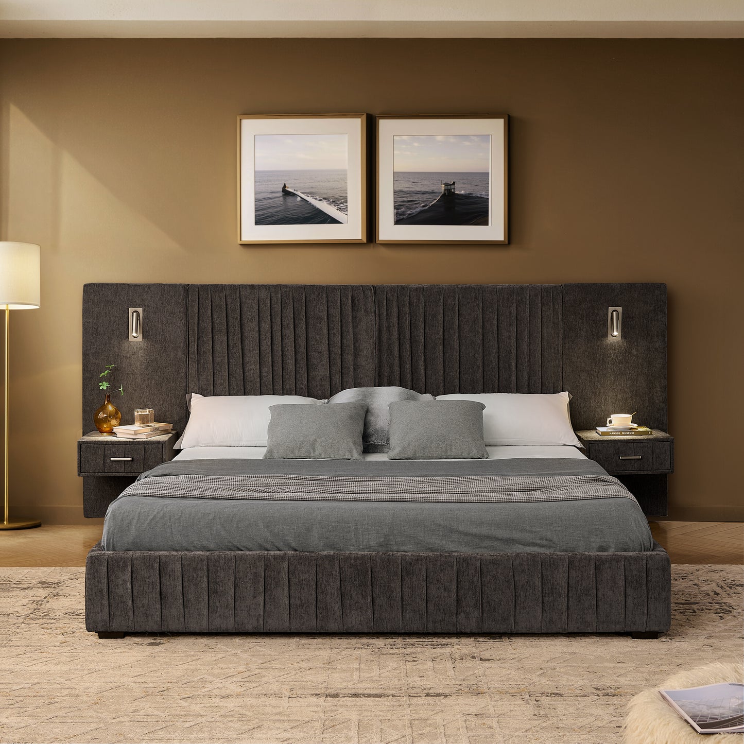 Queen Size Upholstered Bed Frame with Chenille fabric with pleated design,Grounded Queen Size Platform Bed with Headboard and Solid Frame and the bedside table.No Box Spring Needed-DARK GREY image 5