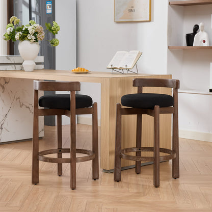 Set of 2 Swivel Counter Stools,Mid-Century Modern Bar Stools with Back,26 Inch Seat Height,Solid Wood Frame,Soft Linen Upholstered Bar Chairs with Footrest,Ideal for Kitchen Island,Black,SW1882BK image 1