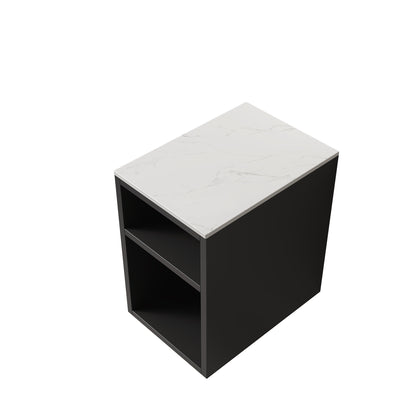 TURIO 72" Freestanding Double Bathroom Vanity with Sinks, 2x30" Striped Storage Cabinets + 12" Removable Open Shelf, 2 White Round Stone Pattern Vessel Basins with Carrara White Countertop, Black image 6