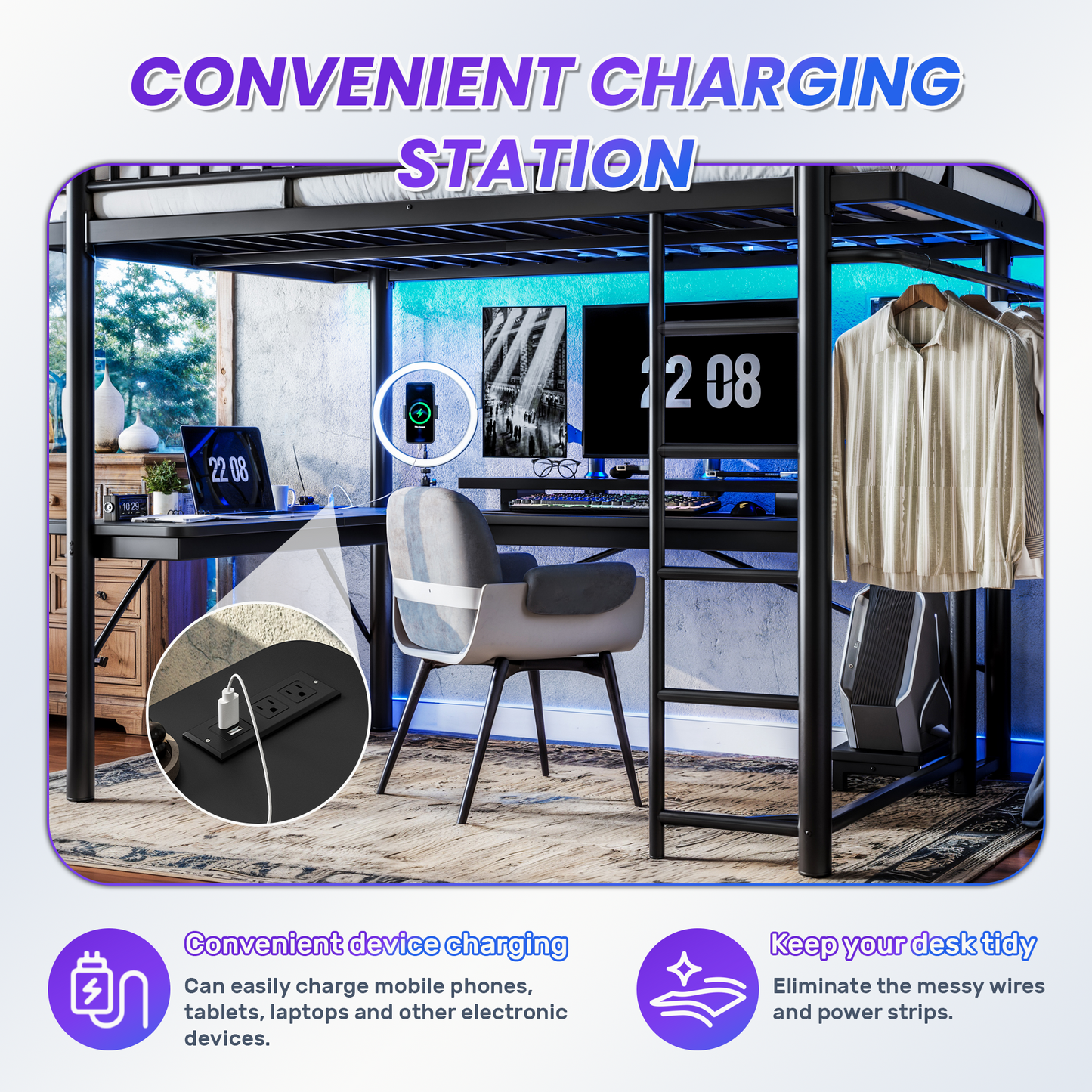 Queen Loft Bed with L-Shaped Desk,LED Light Strip and Charge Station, Metal Loft Bed with Computer Mainframe Tray and Hanging Area, Special Round Pipe Design, Black image 8