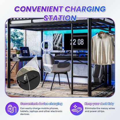 Queen Loft Bed with L-Shaped Desk,LED Light Strip and Charge Station, Metal Loft Bed with Computer Mainframe Tray and Hanging Area, Special Round Pipe Design, Black image 8
