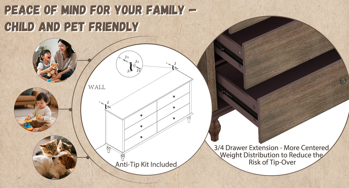 6-Drawer Double Wide Wood Dresser for Bedroom, Deep Brown Burnt Wood Finish Storage Chest with Self-Closing Slides, Metal Copper Handles, Solid Wood Roman Column Legs, Anti-Tip Kit Included image 6