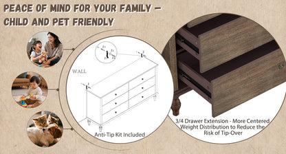 6-Drawer Double Wide Wood Dresser for Bedroom, Deep Brown Burnt Wood Finish Storage Chest with Self-Closing Slides, Metal Copper Handles, Solid Wood Roman Column Legs, Anti-Tip Kit Included image 6