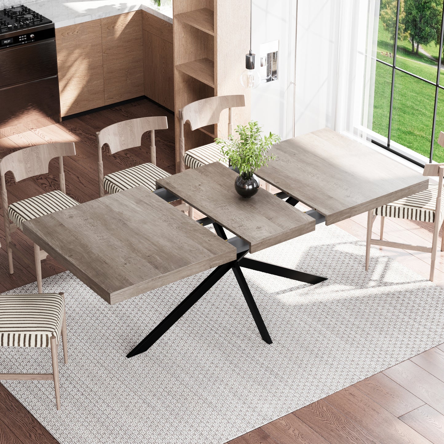55.11"-70.86"Retro Rectangular Stretch Dining Table, Grey Carole Top With Same Color Embossed Center Plate,With Storage Box,Suitable for dining rooms, kitchens, and living rooms,Grey image 4