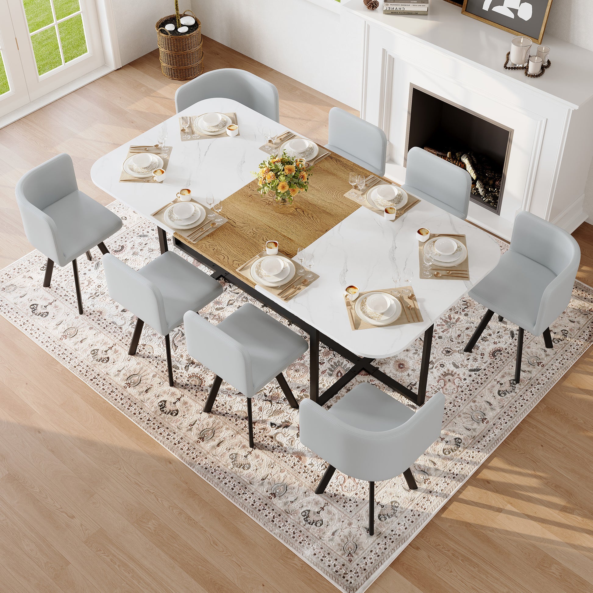 9-Piece Square Dining Table Set, Fixed White Faux Marble & Wood Grain Triamine Tabletop with 8 Gray PU Leather Chairs, Modern Kitchen Table Set for 8 People, Ideal for Family Gatherings, Dining Room image 5