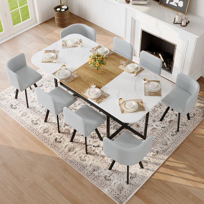 9-Piece Square Dining Table Set, Fixed White Faux Marble & Wood Grain Triamine Tabletop with 8 Gray PU Leather Chairs, Modern Kitchen Table Set for 8 People, Ideal for Family Gatherings, Dining Room image 5