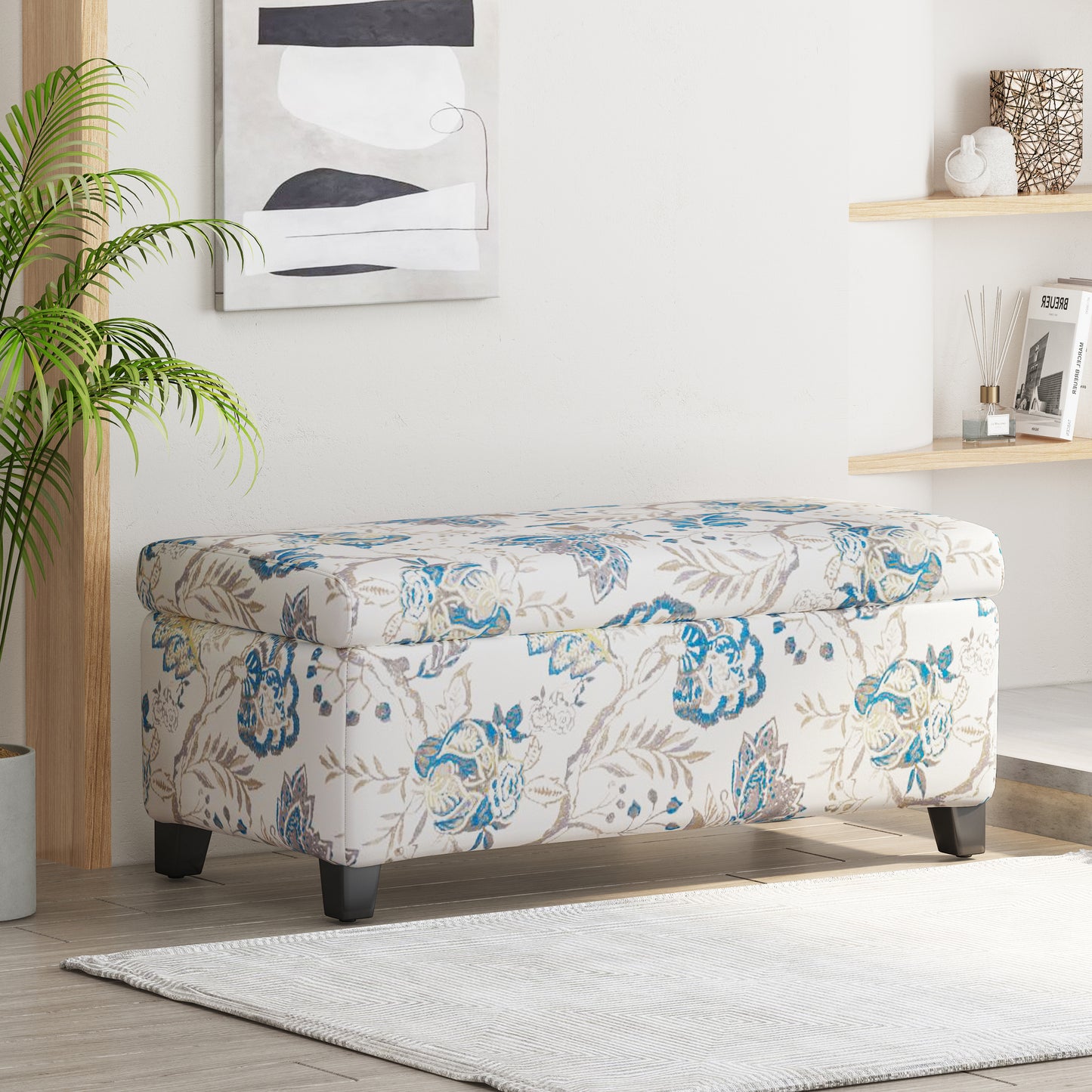 Luxury Storage Ottoman with Floral Patterned Fabric, Soft-Close Hinges, Multi-Functional Footrest & Seat for Living Room, Bedroom - Hidden Compartment for Blankets/Pillows image 1