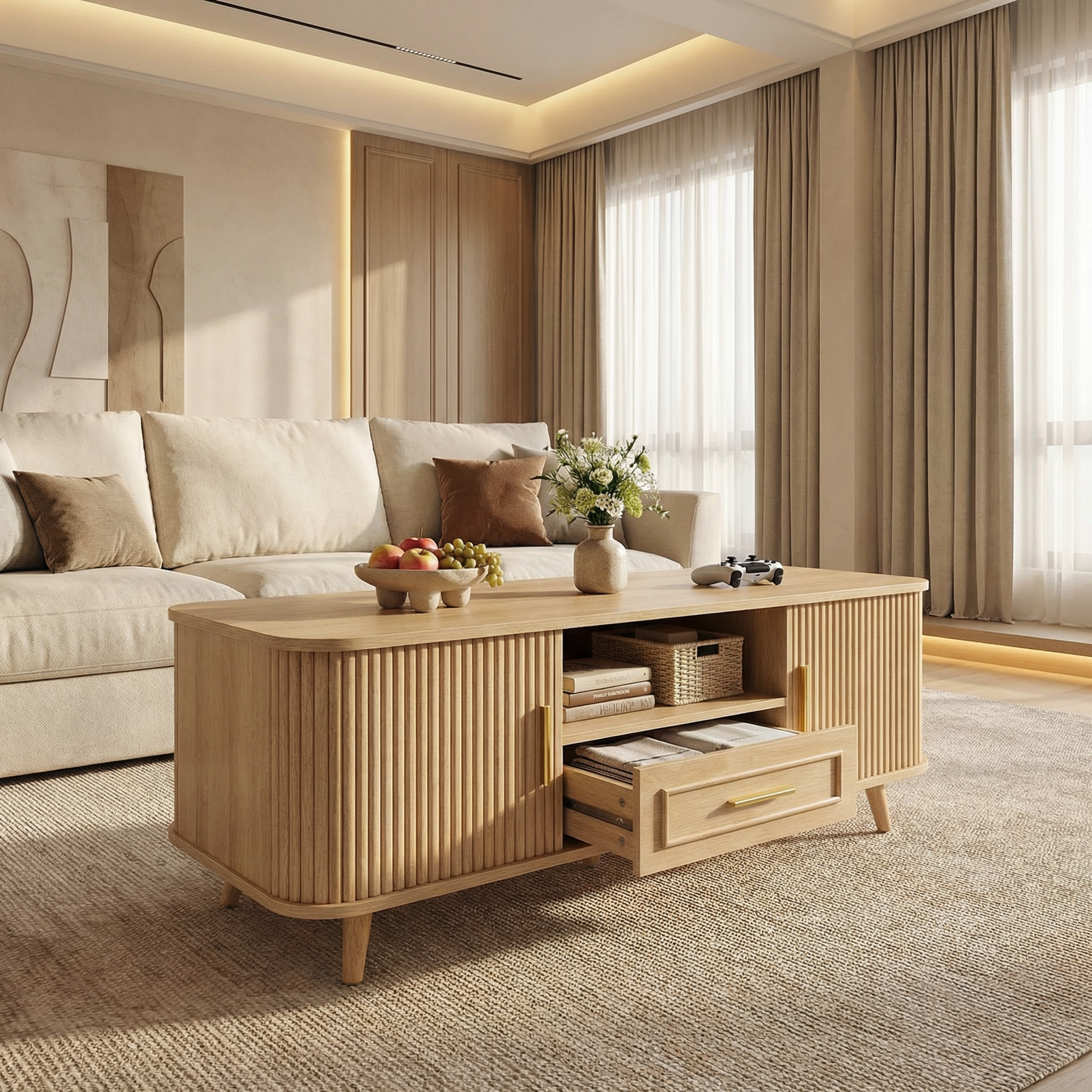 Mid-Century Modern Coffee Table with Storage: Natural Wood Finish, 2 Doors & 1 Drawer, For Living Room, Entertainment Center, Home Theater image 3