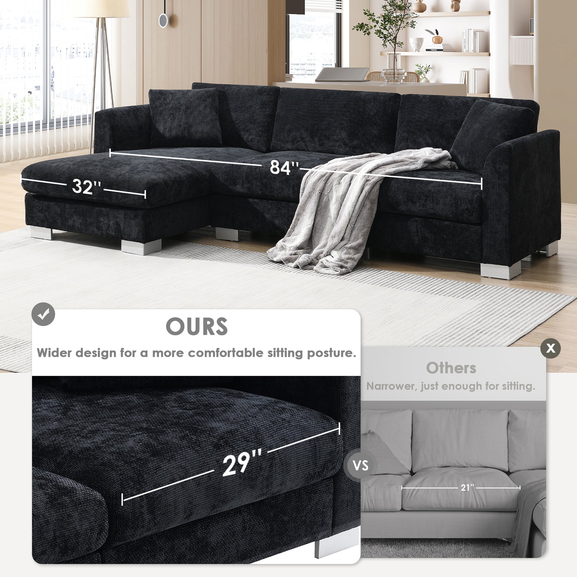 [NEW SKU of N723S6037B]96" Modern Cloud Sectional Sofa, L-shaped Luxury Couch Set with 2 Free pillows, 4-seat Chenille Indoor Furniture with Oversized Chaise for Living Room, Apartment, Office image 9