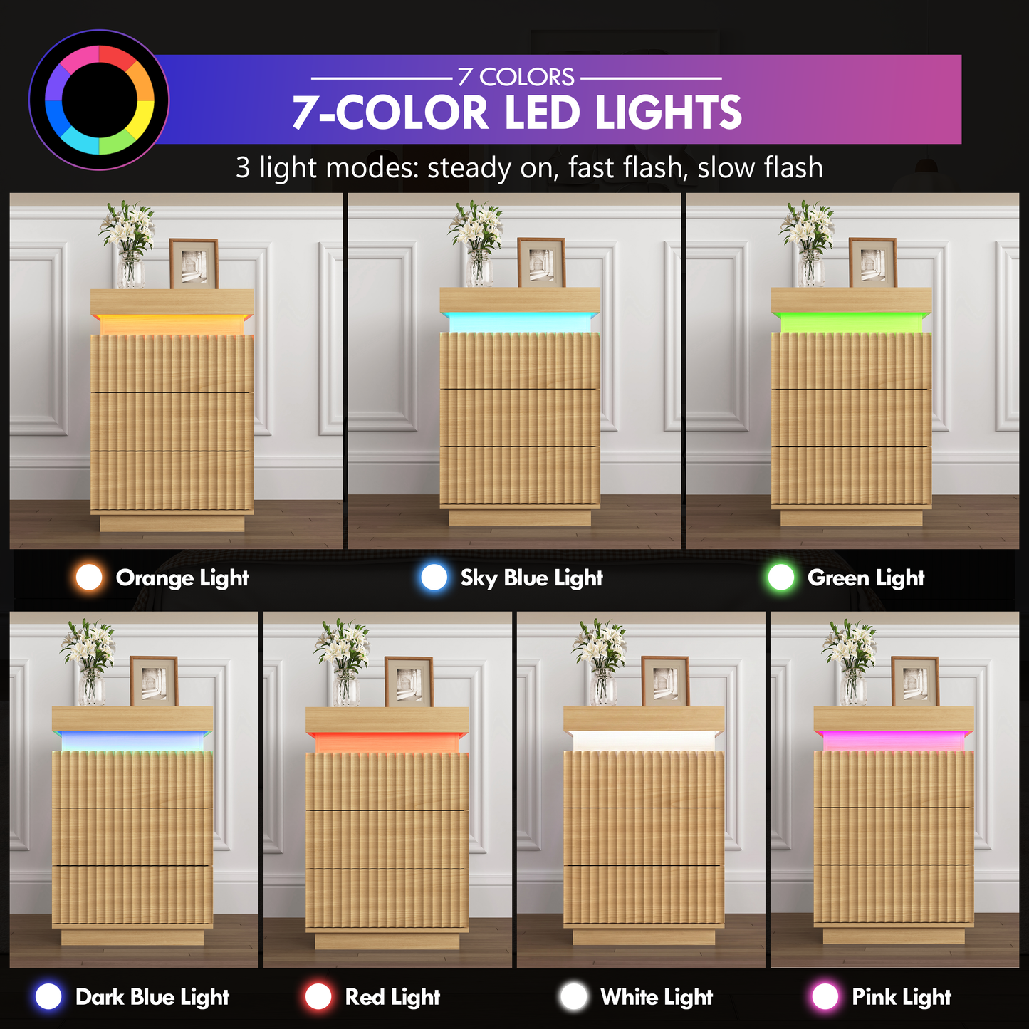 (Set of 2) Natural Nightstand Set of 2 with Charging Station & LED Lights, Fluted Wave Panel Bedside Table with Sliding Top Hidden Storage, Night Stand for Bedroom Living Room image 2