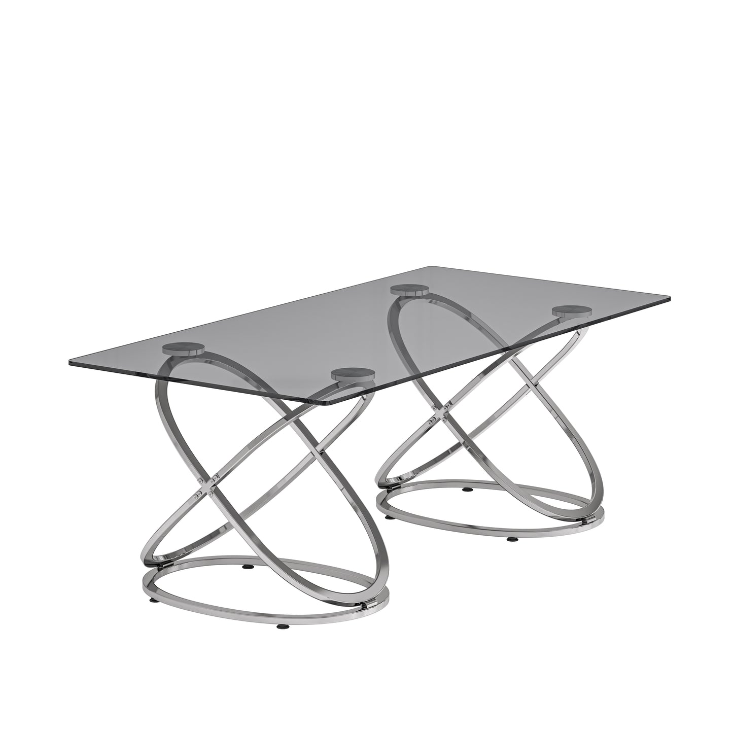 31.50'' Modern Rectangle Glass Coffee Table with Ring-Shaped Frames, Chrome Finish and Gray Tempered Glass, Luxury Center Table for Living Room, Bedroom and Office, Silver image 6