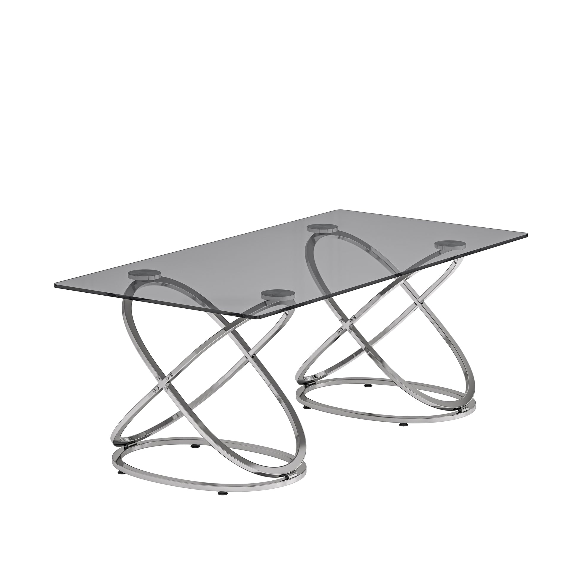 31.50'' Modern Rectangle Glass Coffee Table with Ring-Shaped Frames, Chrome Finish and Gray Tempered Glass, Luxury Center Table for Living Room, Bedroom and Office, Silver image 6