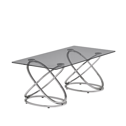 31.50'' Modern Rectangle Glass Coffee Table with Ring-Shaped Frames, Chrome Finish and Gray Tempered Glass, Luxury Center Table for Living Room, Bedroom and Office, Silver image 6