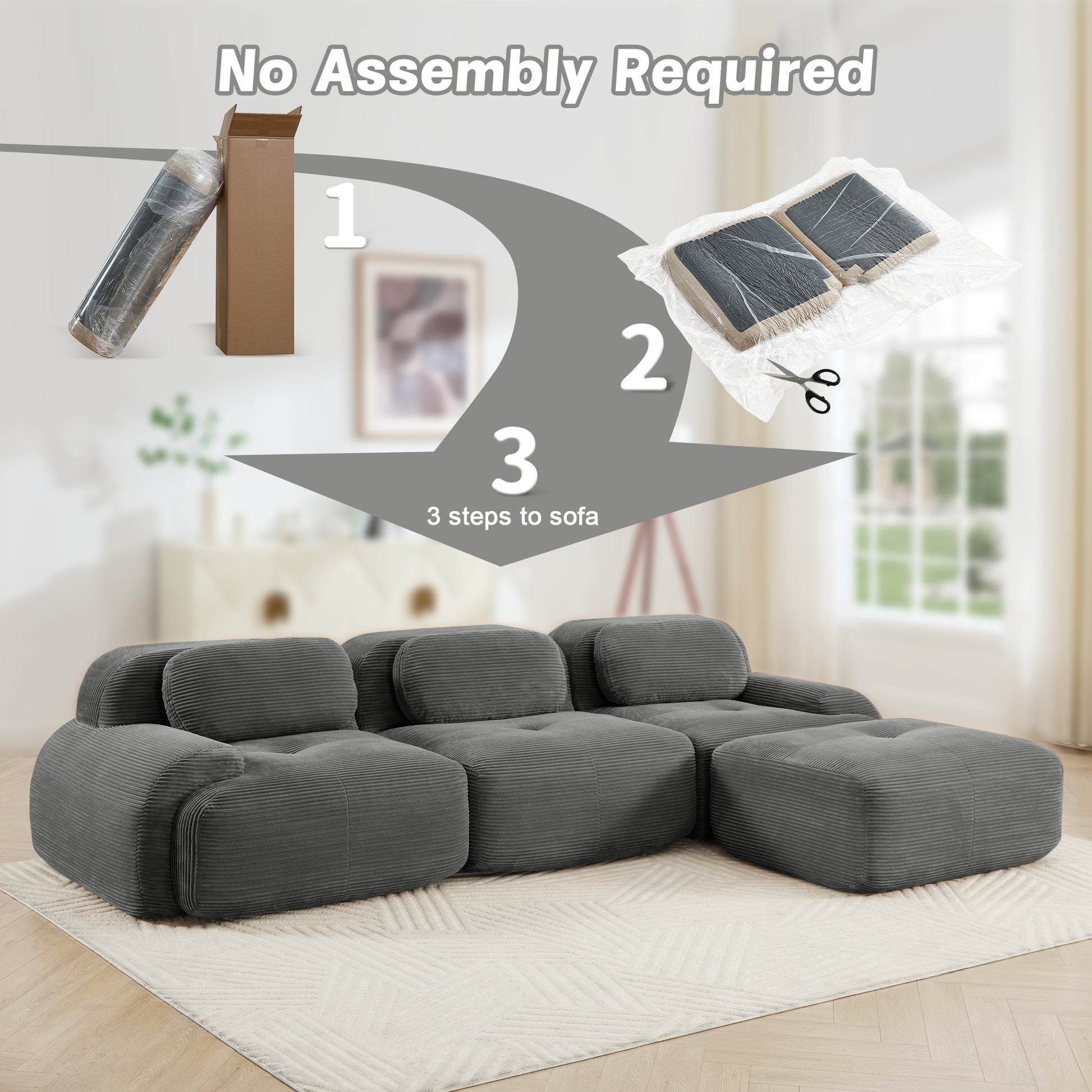 L-shaped modular sofa no assembly ergonomic design pet-friendly luxuryCorduroy Fabric fabric extra-wide curved armrests 32D high-resilience sponge for living rooms bedroom,Grey image 11