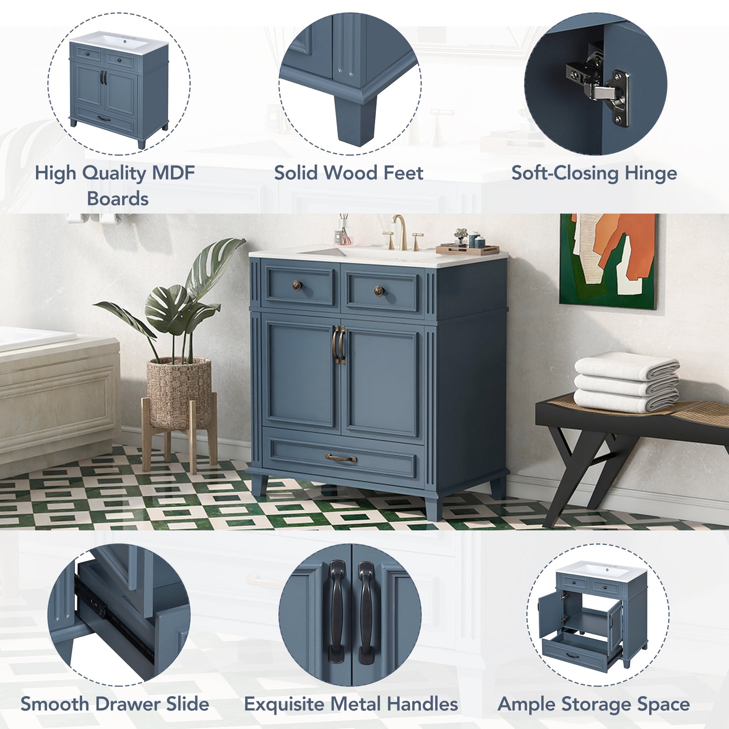 30'' Bathroom Vanity with Ceramic Sink,Solid Wood Frame Bathroom Storage Cabinet with Soft Closing Doors,Retro Style, Blue image 6