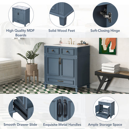30'' Bathroom Vanity with Ceramic Sink,Solid Wood Frame Bathroom Storage Cabinet with Soft Closing Doors,Retro Style, Blue image 6