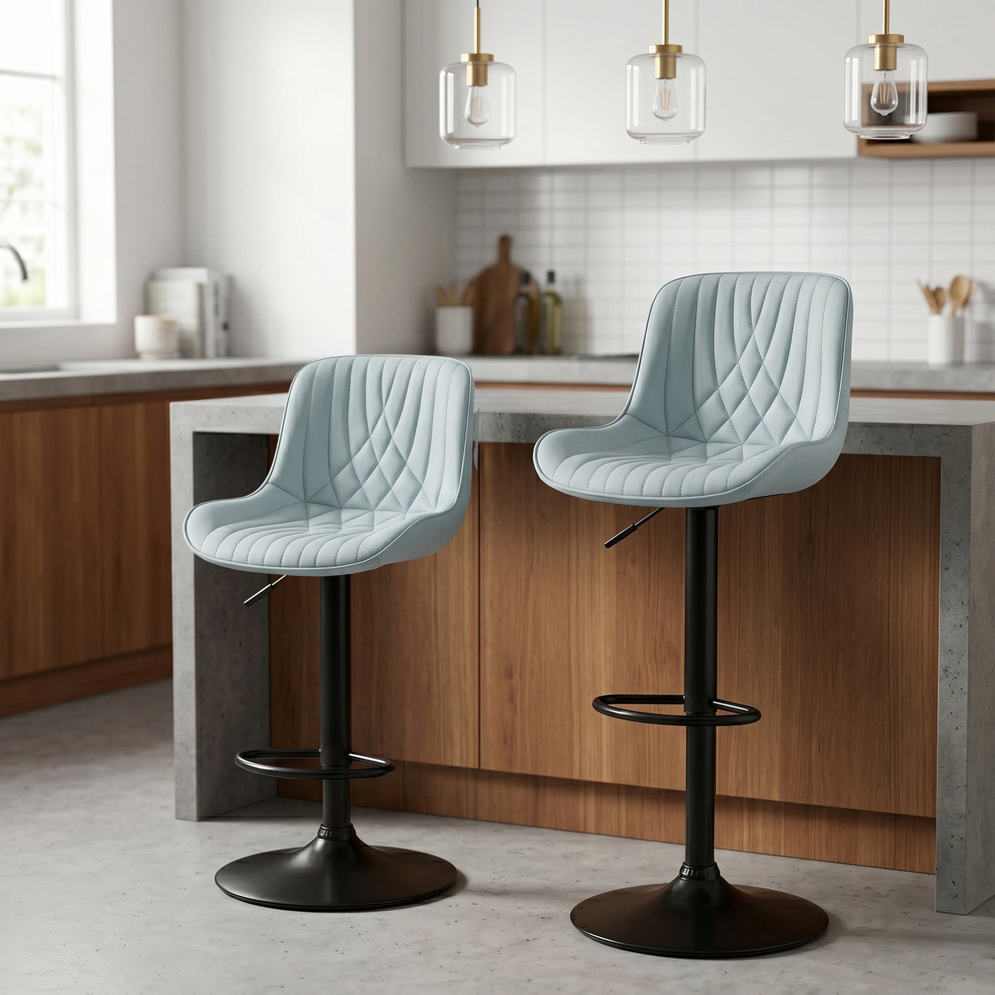 Kovyn Contemporary Adjustable Barstool with Faux Leather Swivel Seats, Set of 2, Blue image 3