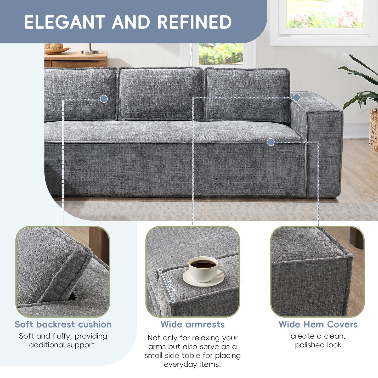 [VIDEO+New]129.5" Minimalist Style Modular Sectional Sofa,6 Seat Wrinkle-resistant Chenille Couch Set,2 PC Free Combination,Modern L-Shaped Cloud Sofa Set for Living Room,No Assembly Require,3 Colors image 9