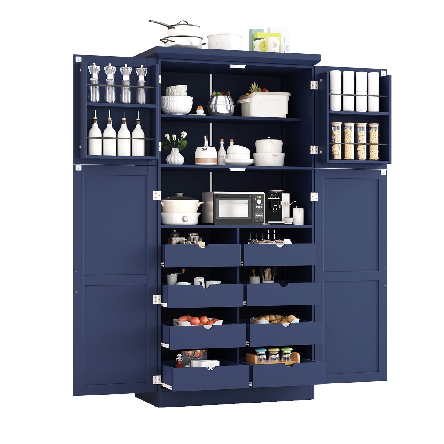 [Assembly Video Provided] TOPMAX 35.5x17.6x70.9inch Freestanding Kitchen Pantry Cabinet, Tall Storage Cabinet with 4 Doors, 2 Door Shelves, 8 Pull-out Trays and Adjustable Shelf for Dining Room, Blue image 12