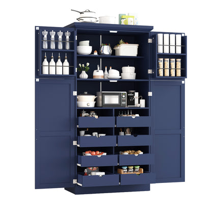 [Assembly Video Provided] TOPMAX 35.5x17.6x70.9inch Freestanding Kitchen Pantry Cabinet, Tall Storage Cabinet with 4 Doors, 2 Door Shelves, 8 Pull-out Trays and Adjustable Shelf for Dining Room, Blue image 12