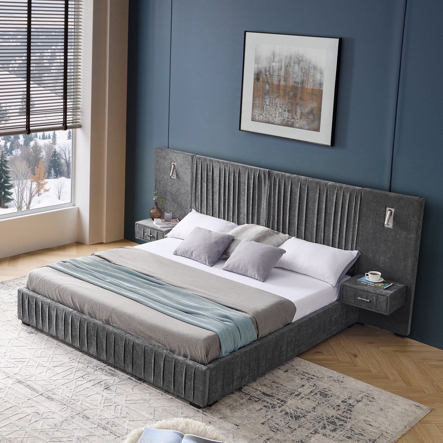 King Size Upholstered Bed Frame with Chenille fabric with pleated design,Grounded King Size Platform Bed with Headboard and Solid Frame and the bedside table.No Box Spring Needed-DARK GREY image 5